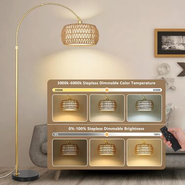 Rayofly Торшер для вітальні Bogenlampe, бохо стиль, ротанг, з пультом ДУ та LED-лампою, керування через додаток, димування, для спальні, офісу (Золотий)