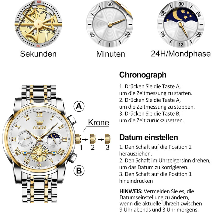 Годинник чоловічий OLEVS B1 з хронографом, водонепроникний, кварцовий, стильний, біле циферблат, золотисто-сріблястий браслет