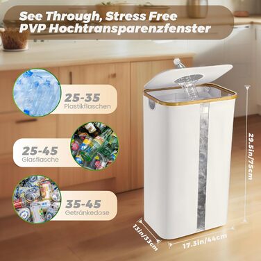 Laundry basket with 2 compartments, deposit bottle collection container with lid, container for deposit bottles & glass recycling & paper waste, deposit bottle container bamboo with bag, must-have (Beige, 100L)