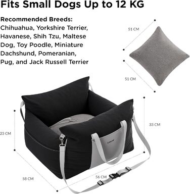 Pet Car Seat for Small Dogs - Waterproof and Washable Dog Car Seat with Storage Pockets, Detachable Safety Leash, and Thickened Memory Foam Filling, 58x56x33cm, (Black)
