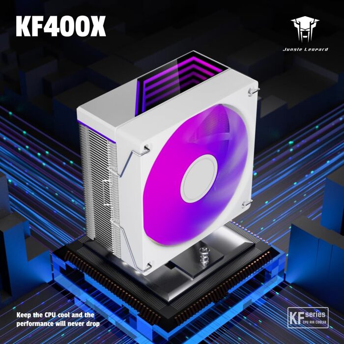 Охолоджувач CPU Jungle Leopard KF400X з LED підсвічуванням: 4 теплові трубки, 4PIN PWM вентилятор, сумісний з Intel LGA 2011/115X/1200/1366/1700/1851, AM4/AM5 (білий)