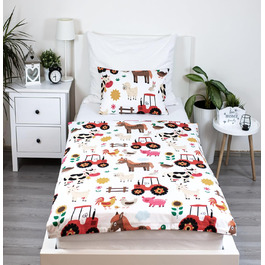Комплект постільної білизни для дитячого ліжечка: простирадло 100x135 см та наволочка 40x60 см з бавовни, сертифікат Öko-Tex Standard, для хлопчиків та дівчаток (фермерський дизайн)