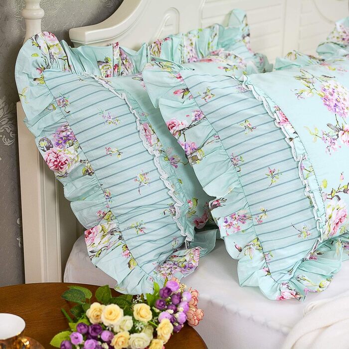 FADFAY Pillow Covers in Farmhouse Style, Roses and Hydrangeas Blue-Green, Striped, Elegant Country Style, 100% Cotton, Vintage Style, Lace, Ruffles, Bedding, Pillowcases, exquisite