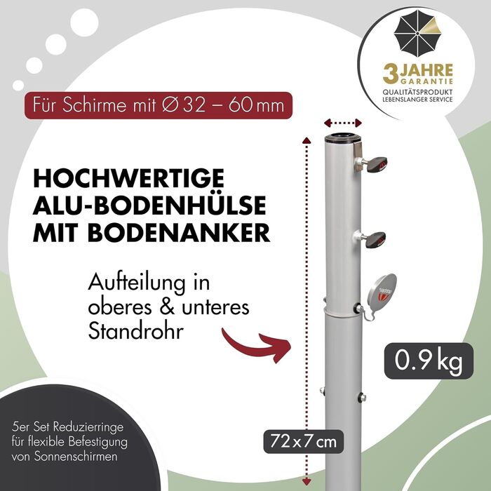Doppler Universal Ground Sleeve 72cm - Aluminum Ground Anchor for Umbrellas with Diameters of 3.2-6.0cm - Umbrella Stand for Pouring into Concrete - Ground Anchor with Removable Extension Tube