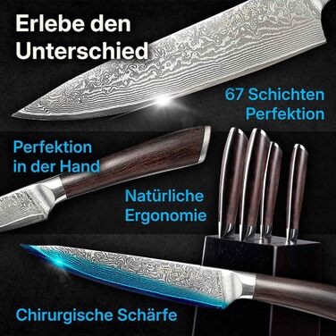 Набір кухонних ножів BEM Master Chef 6 шт. з підставкою: кухонний, овочевий, хлібний, універсальний ножі + точилка (дамаст)