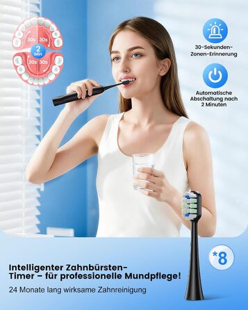 Електрична зубна щітка звукова 5 режимів, таймер 30с, відбілює зуби за 2 тижні, 8 змінних насадок, IPX7, чорний