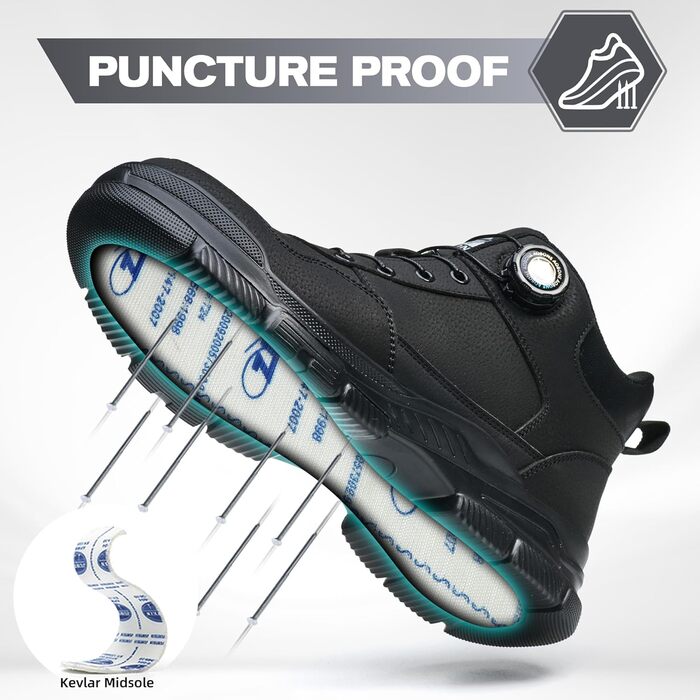 Черевики безпеки для чоловіків та жінок. Легкі, водонепроникні робочі черевики з металевим підноском та поворотним закриттям. Розмір 44 EU, чорний колір.