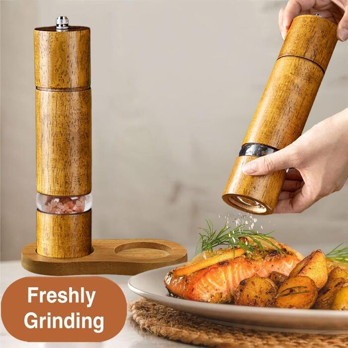 Механічна млинка для солі та перцю з керамічним жорном, регульована ступінь помелу, набір 2 шт. з підставкою, висота 21,5 см