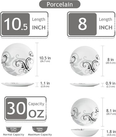 Набір посуду VEWEET 18 предметів на 6 осіб: тарілки, супові тарілки, десертні тарілки. Сучасний сервіз з порцеляни.