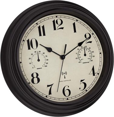 Foxtop Funk Wall Clock, Indoor Outdoor Weatherproof Wall Clock with Temperature Display and Hygrometer, No Ticking Sounds Silent Retro Clock for Terrace Bathroom Kitchen Living Room Home Decor (Bronze, 30cm)