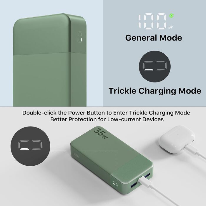 Power Bank Nobis 20000mAh з LED дисплеєм, 35W USB-C, 4 порти, для MacBook, iPhone 15, Samsung S23 (зелений)
