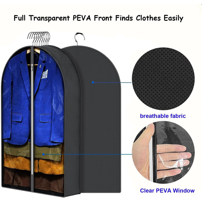 Чохли для одягу, дихаючі, 100 см (4 шт.) для костюмів, захисні мішки для зберігання з 10 см прорізом, прозоре вікно, пилонепроникні, мішки для одягу, захист для костюма, пальто