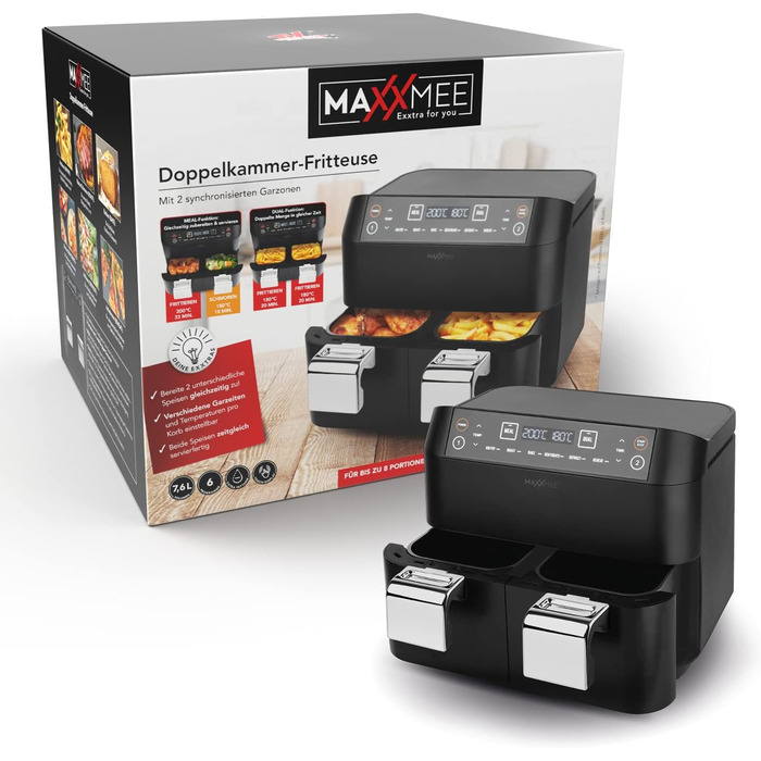 MAXXMEE аерофритюрниця з двома кошиками 7,6 л, цифрова, 2400 Вт, 6 програм, одночасне приготування двох страв