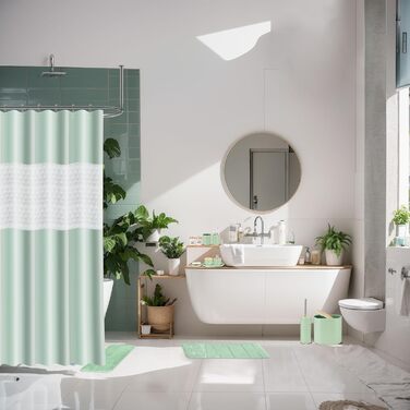 Набір для ванної кімнати IMAVO, 26 предметів: аксесуари для ванної, душова завіса, килимки, сміттєвий бак, піднос, дозатор мила, мильниця, тримач для зубних щіток, стакан для зубних щіток (зелений)