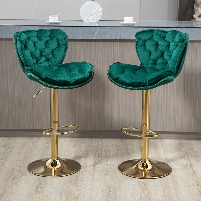 Emerald Velvet Bar Stools - Set of 2 | Adjustable Swivel Barstools for Kitchen & Home Bar