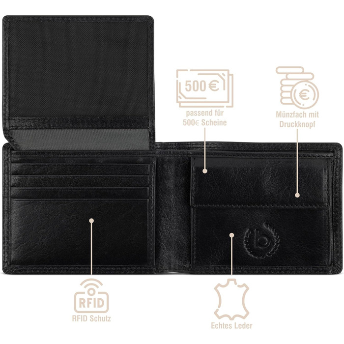 Bugatti Savona Wallet made of vegetable buffalo leather, RFID wallet horizontal format, leather wallet for men, black