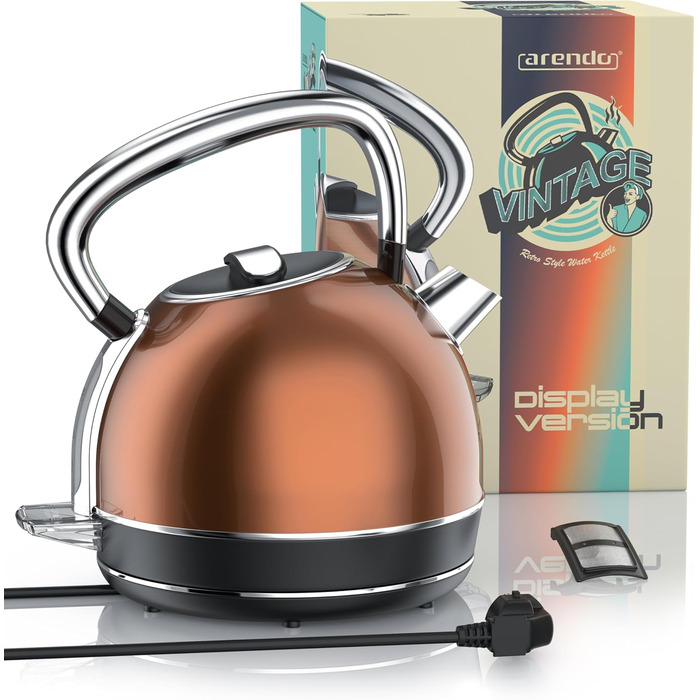 Електричний чайник Arendo з регулюванням температури, LED дисплеєм та сенсорною панеллю. Ретро-дизайн, об'єм 1,7 л, функція підтримки тепла, вимірювання, змінний фільтр від накипу. Матеріал: нержавіюча сталь, колір: мідний.