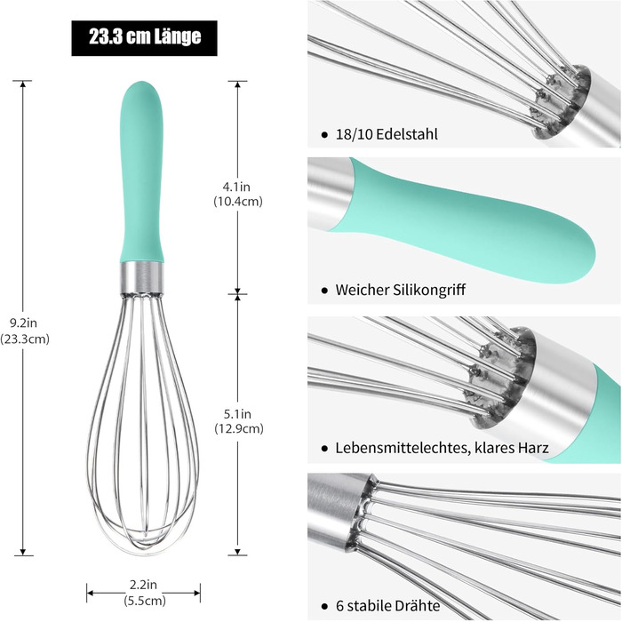 Міксер ручний Doosu 28 см з нержавіючої сталі, 8 гнучких дротів для збивання та змішування (Aqua Sky, S-23cm)