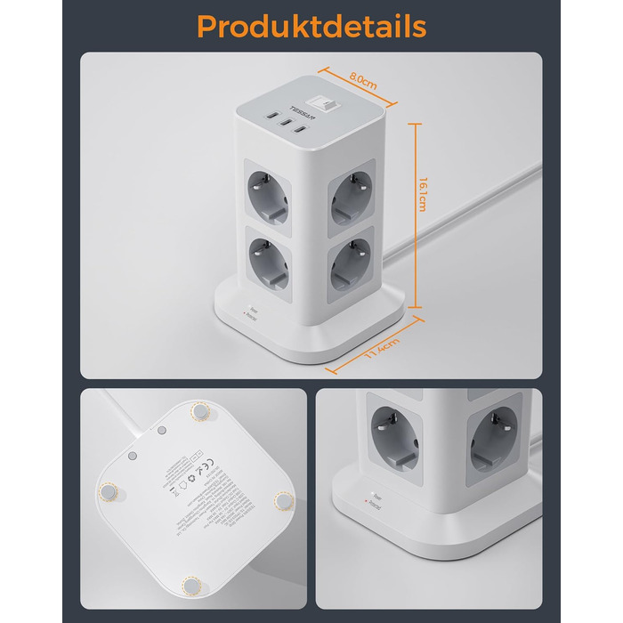 Блок розеток TESSAN з захистом від перенапруги, 3600W, 16A, 8 розеток, 3 USB-C, 2M, сірий