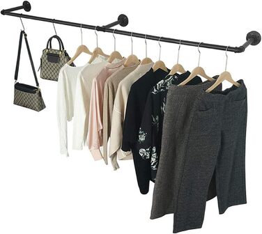 Wall-Mounted Clothes Rack 200cm Pipe Clothes Rail Industrial Style Wall Hangers Detachable Metal Clothes Rod Wardrobe Rail Bedroom for Hallways Living Room Bedroom