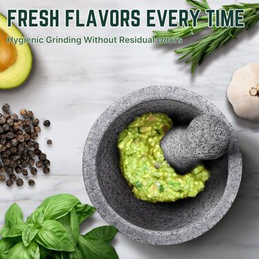 Гранітна ступка та товкач Flexzion (6 дюймів) — масивна чаша-молкахете для спецій, трав, часнику та guacamole, сіра