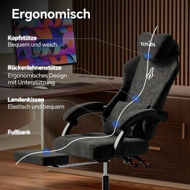 Ігрове крісло SUKIDA Ergonomic Pureblack: ергономічний офісний стілець з підскладною підставкою для ніг, підголівником та поперековою підтримкою, тканинна оббивка