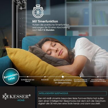 Турбо вентилятор KESSER® з пультом керування | 90° кут осциляції | 3 швидкості | 90 см | Таймер | Turbo функція | Колонний вентилятор | Чорний