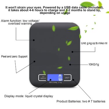 Цифрова кухонна вага, 10 кг/1 г, USB, акумулятор, LCD дисплей, функція тарування, професійна, металевий корпус (білий/чорний)