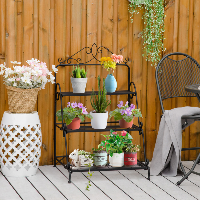 Outsunny 3-Tier Metal Flower Stand with Adjustable Hanging Height for Indoor and Outdoor Use, Decorative & Functional