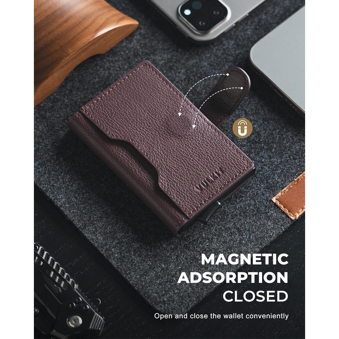 Чоловіче картхолдер VULKIT з RFID блокуванням, з металевою конструкцією, 3 відділення для кредитних карт та віконцем для посвідчення, компактний гаманець з магнітною застібкою, червоне шкіряне покриття (справжня шкіра Litchi Espresso)