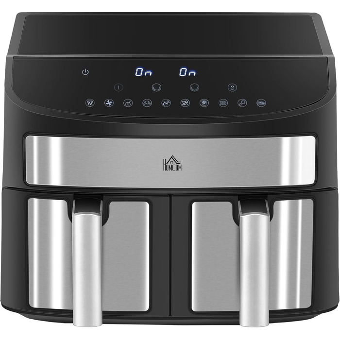 HOMCOM 8L Hot Air Fryer with Double Chamber, Air Fryer with 10 Programs, 2400W Air Fryer with Touchscreen, Recipe Book, Oil-Free, Black