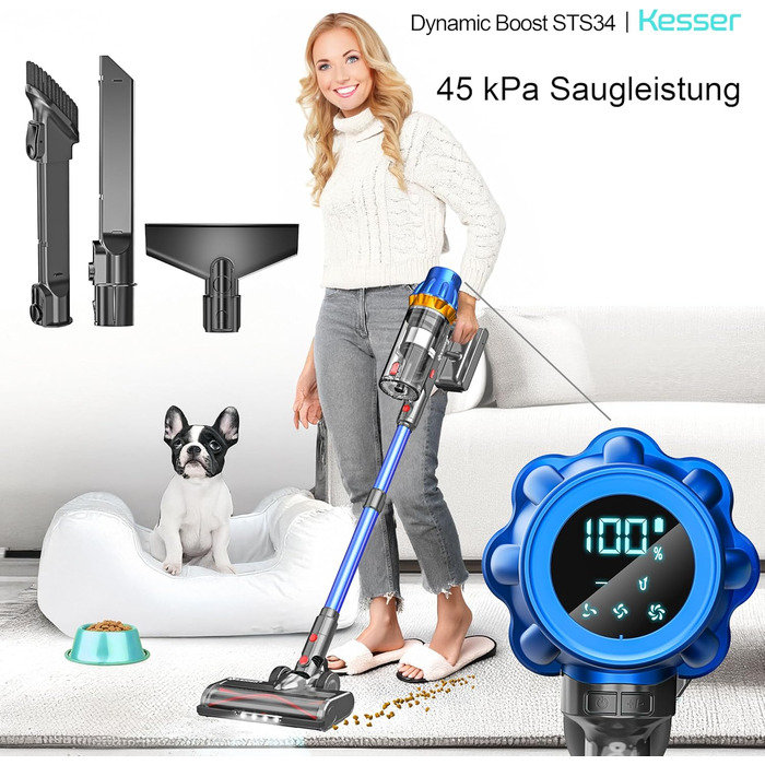 Бездротовий акумуляторний пилосос KESSER® з LED-дисплеєм | Тихий, без мішка, з антинамотувальною щіткою для твердих поверхонь, килимів та шерсті тварин (Синій/Золотий)