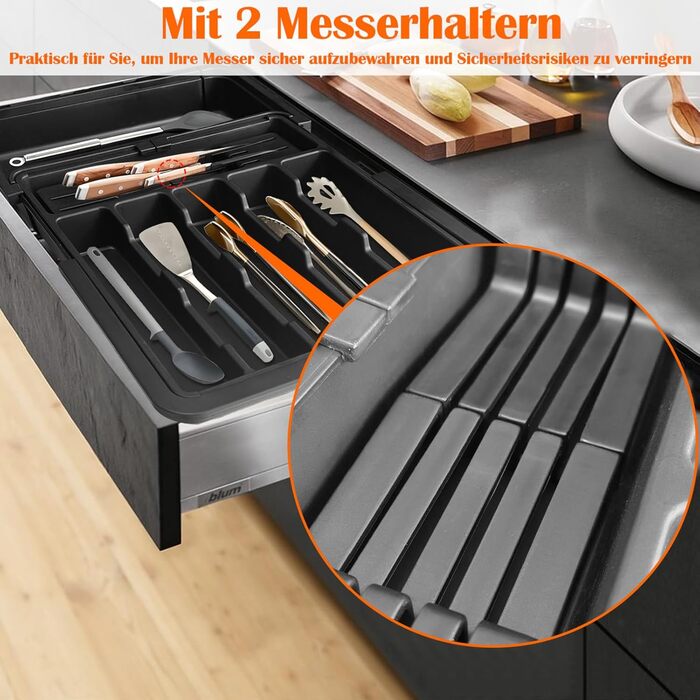 WwuHua Cutlery Box for Drawers, Drawer Insert Kitchen, Cutlery Insert for Drawers with Expandable Sides, 4-Sided Organizer Drawer Kitchen with 2 Knife Holders, Black