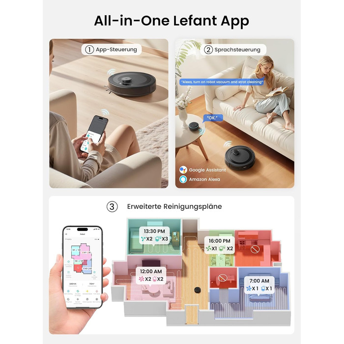 Робот-пилосос LEFANT M2 Pro з потужністю 6000 Pa, автоматичною витяжкою сміття, лазерною навігацією та картографією, індивідуальним прибиранням, уникненням перешкод PSD, ідеальний для видалення шерсті тварин, білий (M2Plus)