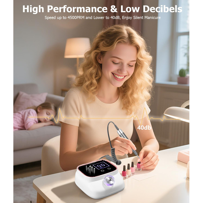 Електрична нігтьова фрезер 45000 RPM з LCD-дисплеєм для манікюру та педикюру, професійна, рожеве золото
