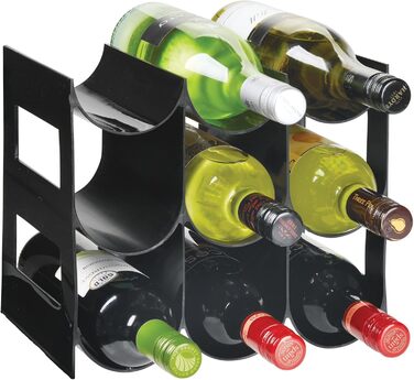 mDesign Practical Wine and Bottle Rack – Plastic Wine Rack Holds Up to 9 Bottles – Freestanding Shelf for Wine Bottles or Other Beverages – Black