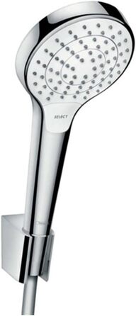 hansgrohe Croma Select S Showerhead including showerhead holder, 3 spray patterns, White/Chrome (Set with 1.60m shower hose)