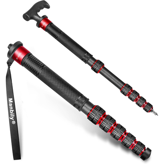 Монопод Manbily 32мм з карбону для камери: 44-174см, 6 секцій, до 15кг, з кліпсою для телефону, червоний