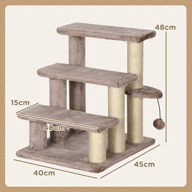 PawHut 3-Step Pet Staircase with Scratching Posts, Ball, Dog Staircase, Pet Staircase for Cats up to 5 kg, Plush Jute, White 45 x 40 x 48 cm (45L x 40W x 48H cm, Brown)