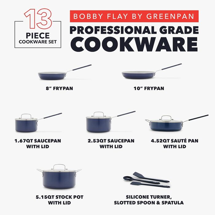Набір кухонного посуду GreenPan x Bobby Flay 13 предметів: професійне алюмінієве покриття, антипригарне (PFAS-free), індукційні плити, силіконові ручки, безпечне для посудомийної машини та духовки, сірий (Графіт/Nature's Delight), блакитний Оксфорд
