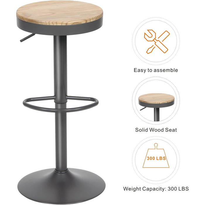 Kidol Adjustable Height Wooden Bar Stool with 360° Swivel - Industrial Modern Design for Kitchen Counter (Grey Wood)