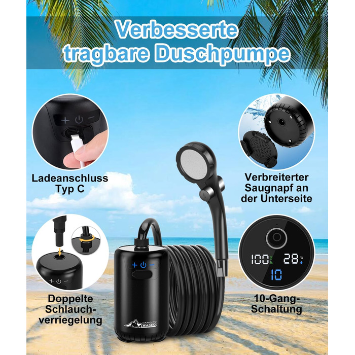 WADEO Portable Camping Shower Battery with Pump, Camping Shower with Rechargeable 6000/8000mAh Battery, Mobile Showers Outdoor Showers with Shower Head and Hose, for Camping, Travel, Garden, Car Washing (Black, 10 Gänge and with Double Digital Display)