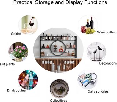 Настінна полиця для вина з металу, 100 см, з тримачем для келихів, LED-підсвічуванням, чорна. Ідеально для бару, вітальні, кухні.