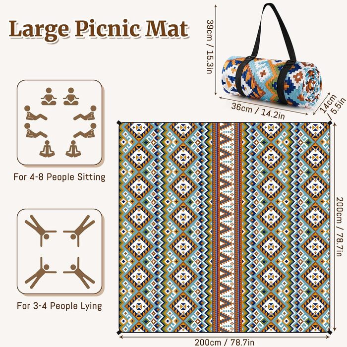 Плед для пікніка Boho 200x200 см, водонепроникний, антипісочний, з ручкою та кілочками, XL килимок для кемпінгу, пляжу, парку, прогулянок в стилі бохо