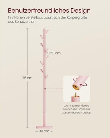 VASAGLE Coat Rack, Clothes Rack Solid Wood, Tree Shape Jacket Stand, 8 Hooks for Jackets, Hats, for Entryway, Hooks and Hold Bar Made of Rubber Wood, Cloud White RCR00W02 (Pastel Pink, 1)