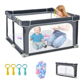 Дитячий манеж COSTWAY 124x124 см, складаний, з 50 кульками, 4 ручками, замком, сітчастими стінками та дверима, для немовлят і дітей, темно-сірий