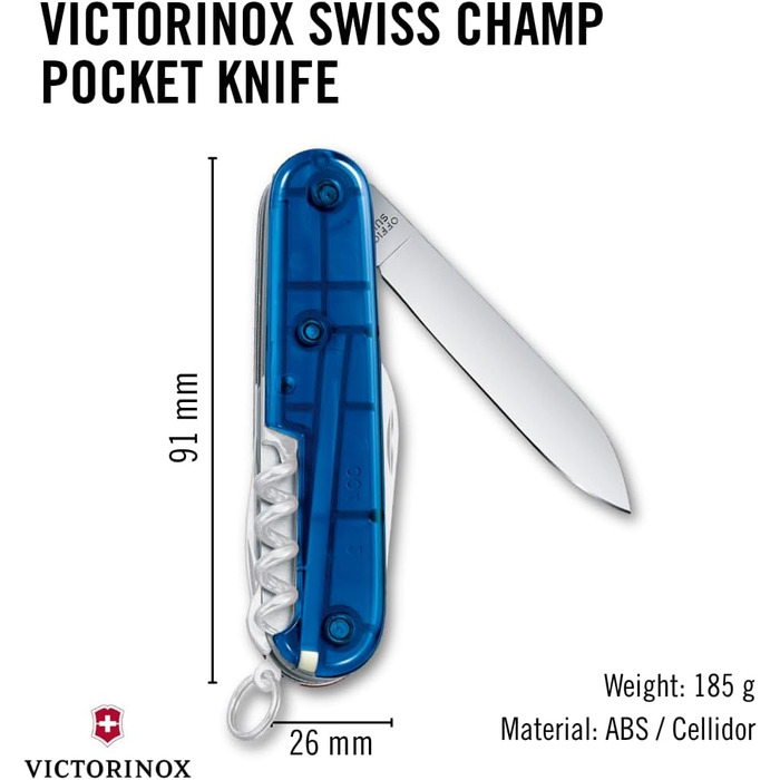 Мультитул Victorinox Swiss Champ: 33 функції, ніж, коркомаг, викрутка, блакитний, Швейцарія