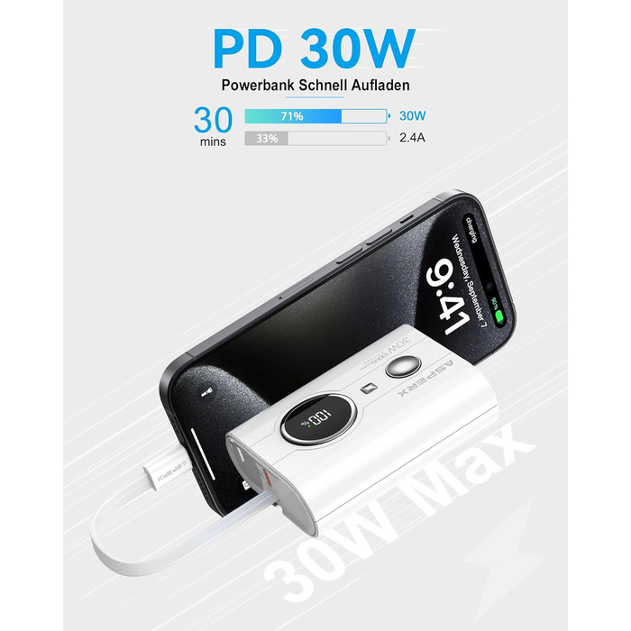 Power Bank AsperX 10000mAh з PD 30W, USB-C, білий. Швидка зарядка для iPhone 15/14, iPad. Компактний акумулятор