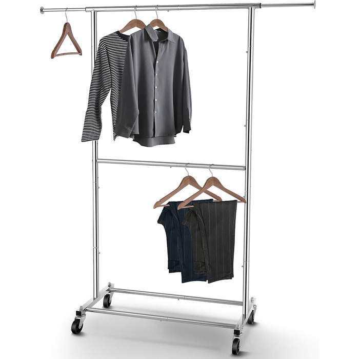 Simple Trending Clothes Rack with Double Rod, Rolling Garment Rack