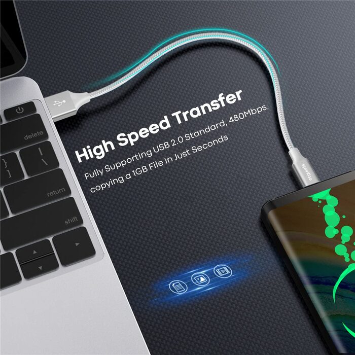 Кабель USB-C на USB-A, 30см, 2 шт., білий. Швидка зарядка, нейлон, для iPhone, Samsung Galaxy